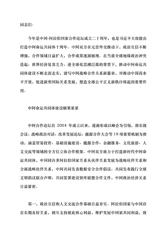 （領導發言）中阿合作行穩致遠惠及各方黨課講稿